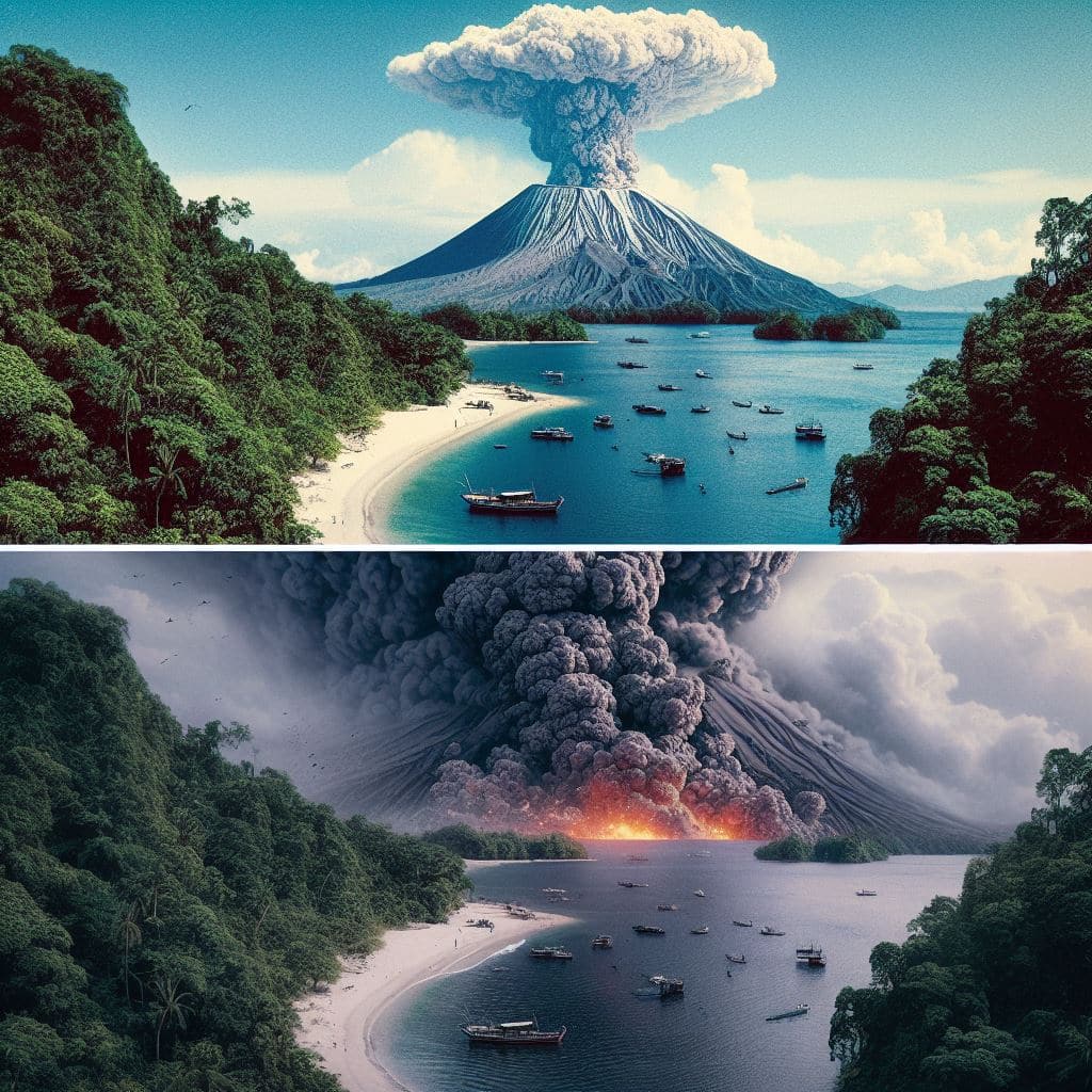 Gunung Krakatau sebelum dan sesudah meletus